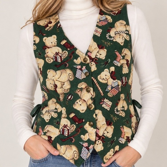White Stag Jackets & Blazers - Vintage 90s Teddy Bear Tapestry Vest Green Christmas Cottagecore Grannycore LRG
